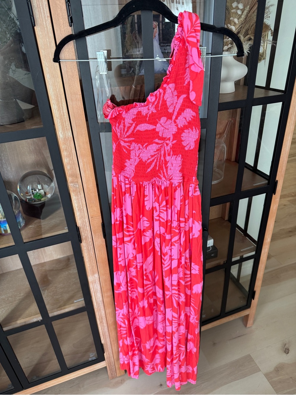 Japna Pink and Red One-Shoulder Floral Maxi Dress with Smocked Bodice